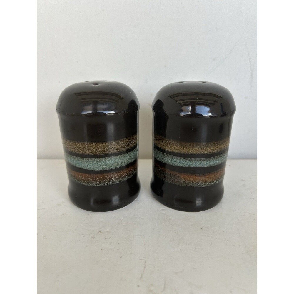 Pfaltzgraff Everyday Cayman Salt Pepper Shakers Set Brown Aqua Stoneware